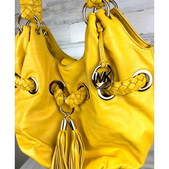 Michael Michael Kors Women’s Yellow Leather Braided Tassel Bucket Shoulder Bag - Picture 8 of 9